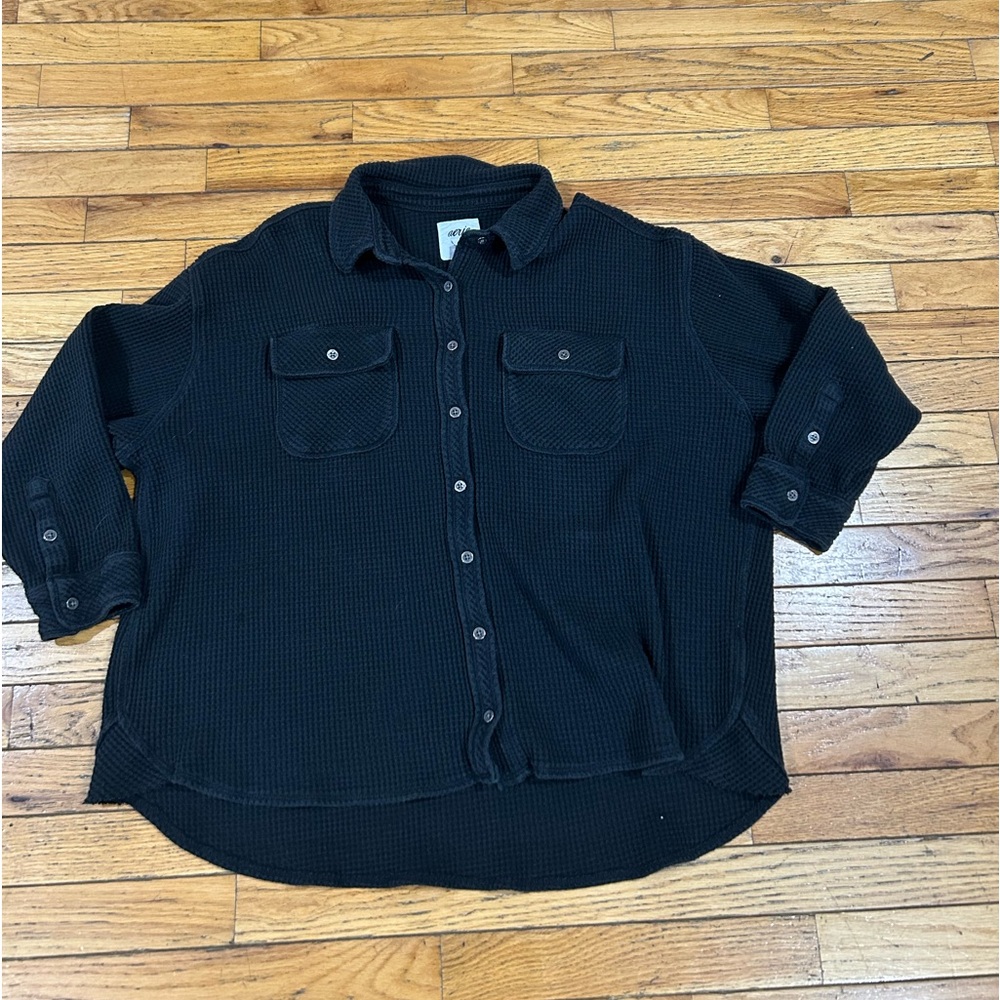 Aerie Black Waffle Knit Button Down Oversized Medium